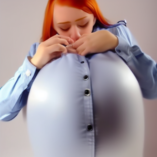 redhead girl blowing up her blue blouse 